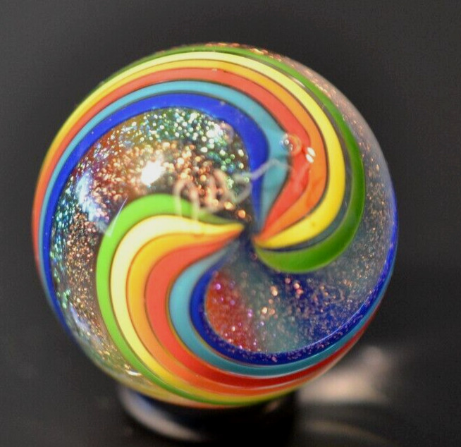 JAMES ALLOWAY GLASS MARBLE/1.236″-DICHROIC DOUBLE SWIRL #3560-LIME,YELLOW,ORANGE