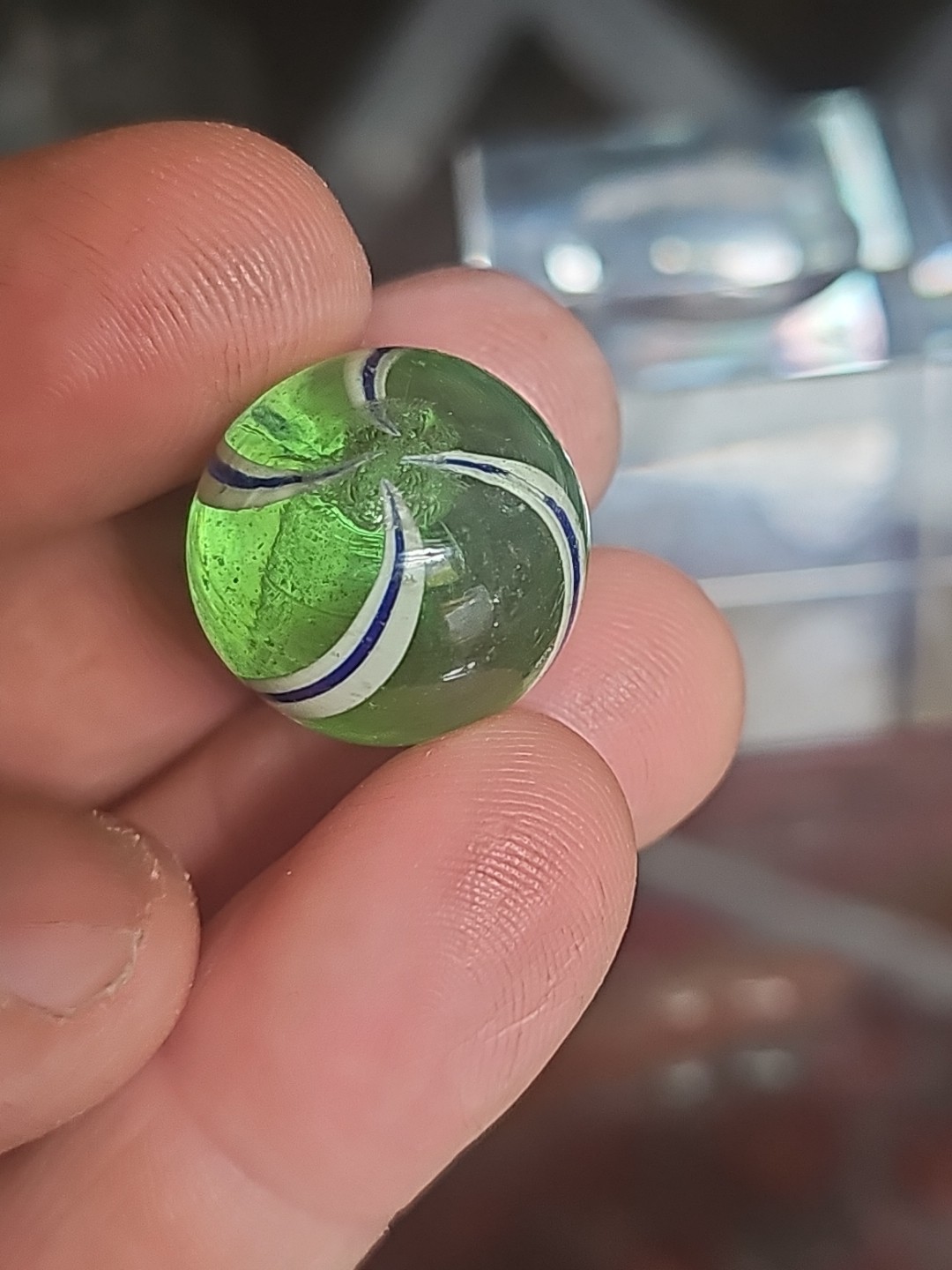 Antique German Handmade Blue White Banded Marble .78 Minty Green Transparent