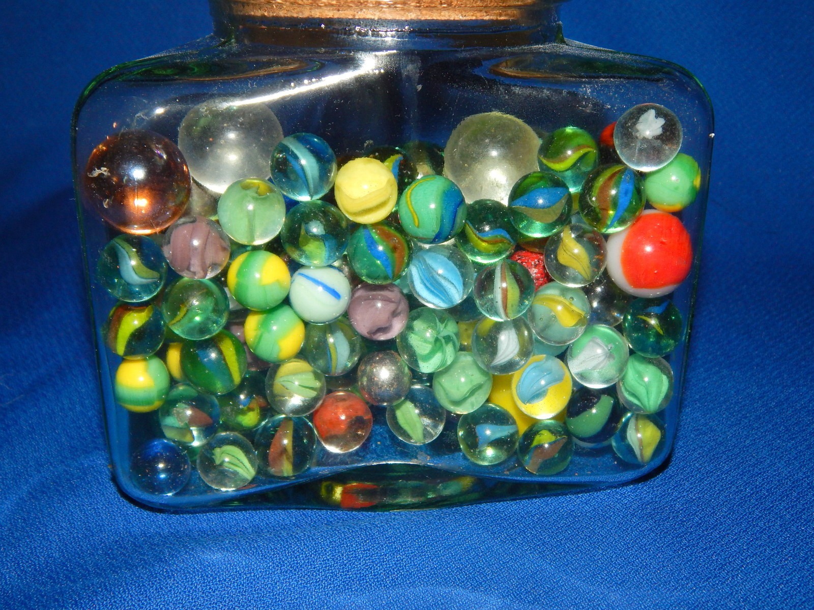 Vintage Triangular Glass Jar of Vintage Marbles w/ Shooters Cat Eyes MORE 4 lbs