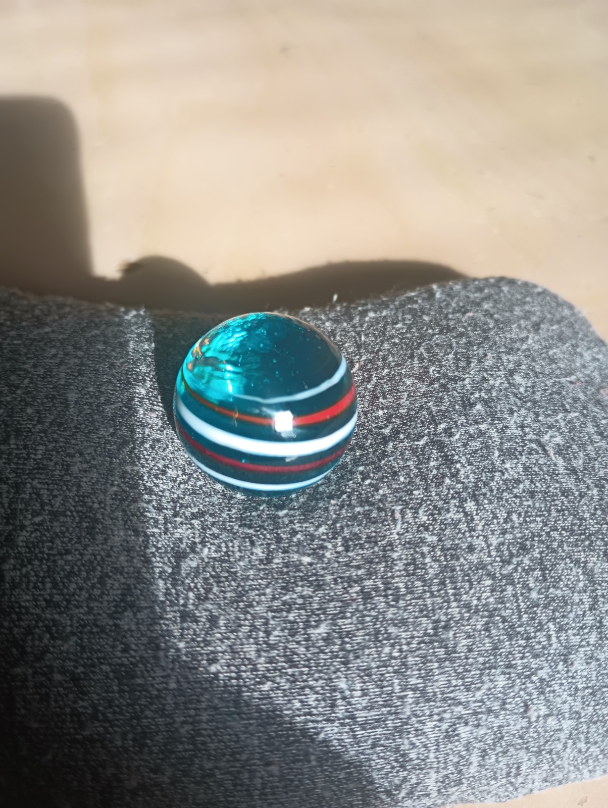 Vintage Hand Blown Art Glass Marble Shooter Swirl Collectible White Blue Red