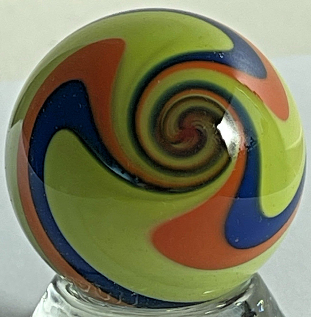 2015 RICK DAVIS MARBLE SIGNED HANDMADE GLASS ART 1.53 BLUE ORANGE YELLOW