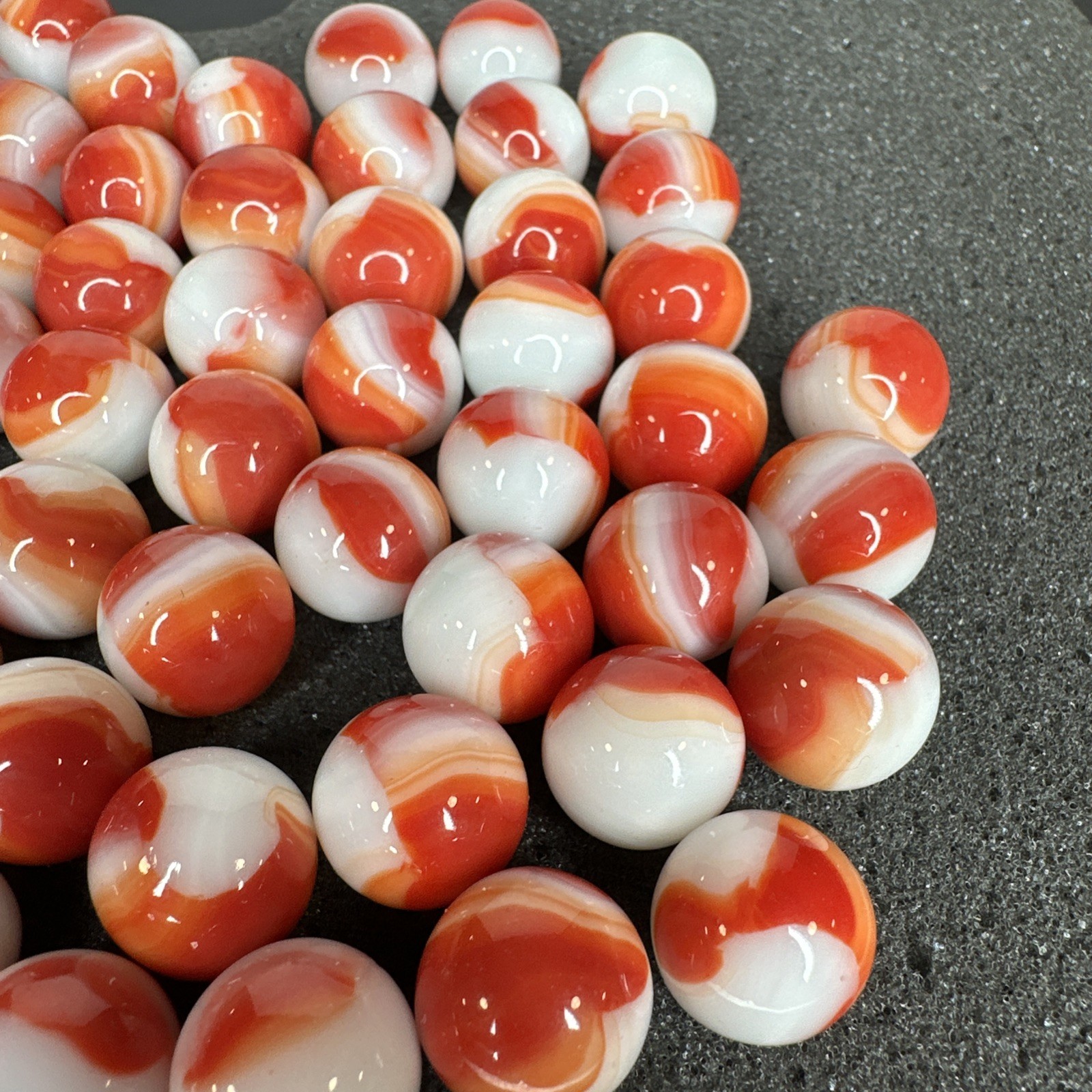 Lot of 80 Marble King Red Orange White Marbles .58″-.62″ Size Range