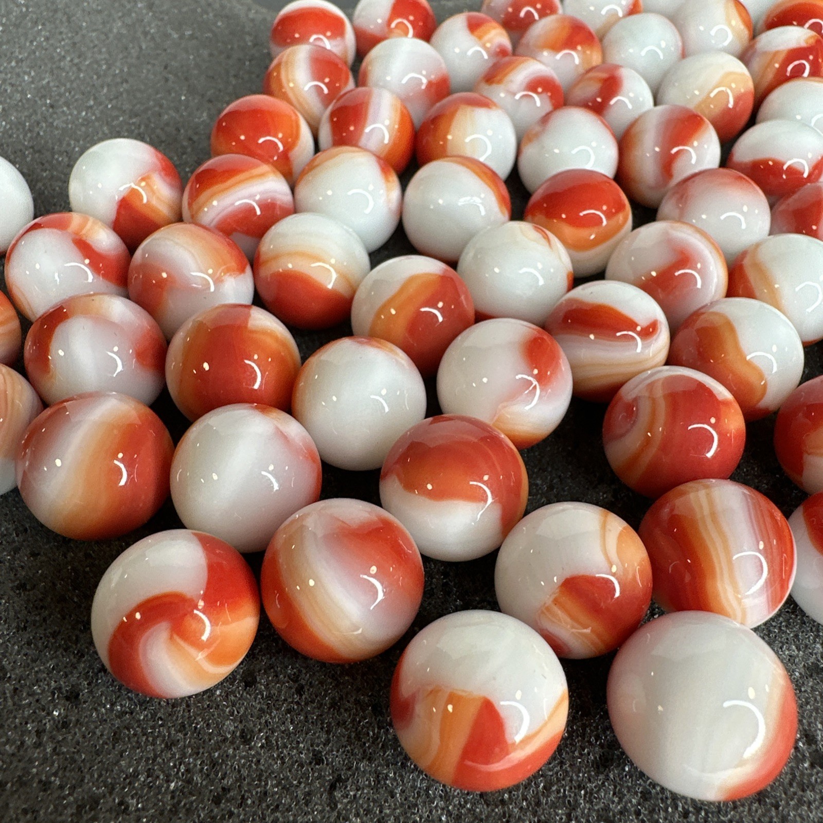 Lot of 80 Marble King Red Orange White Marbles .58″-.62″ Size Range