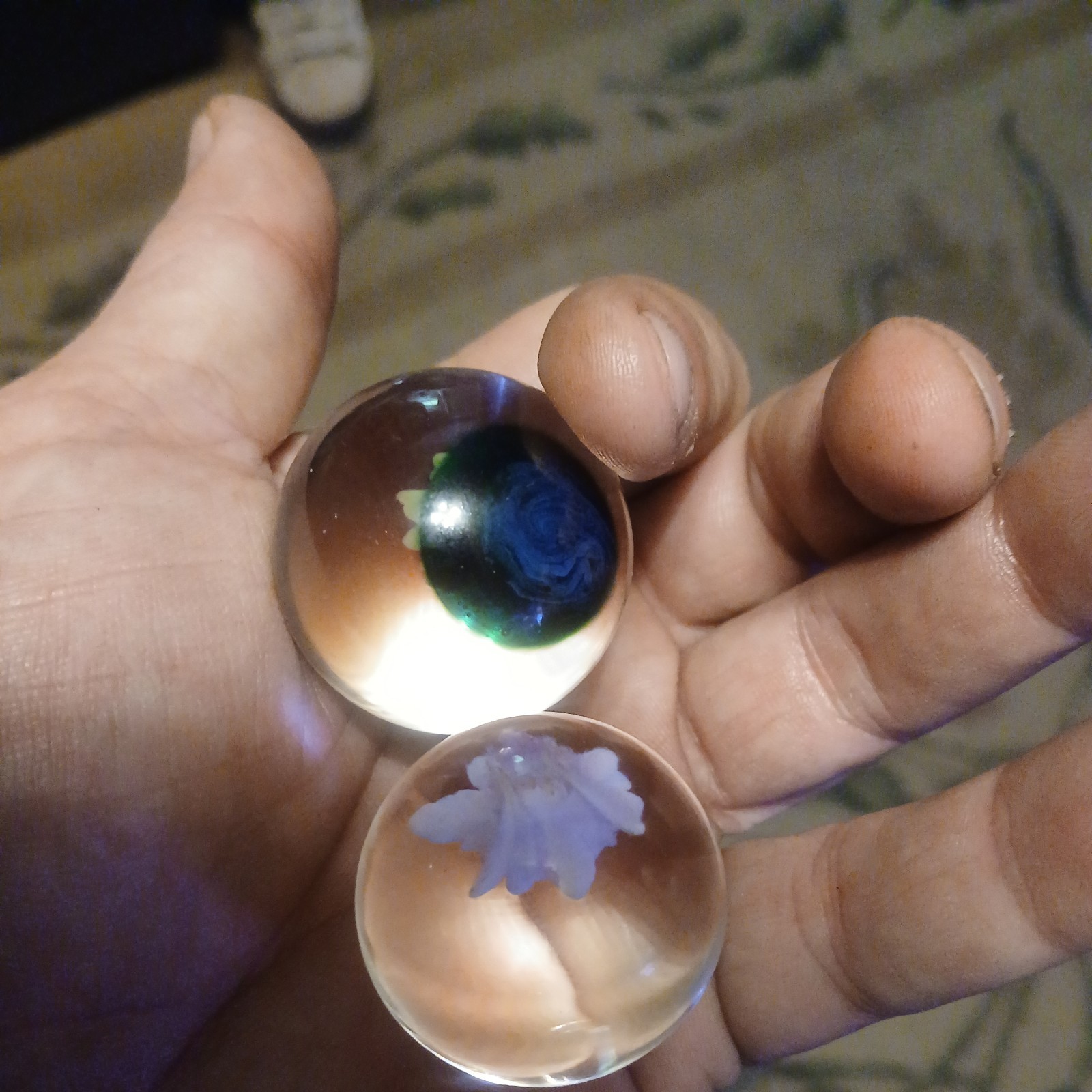 pair of Purple And green Flower Implosion Marbles