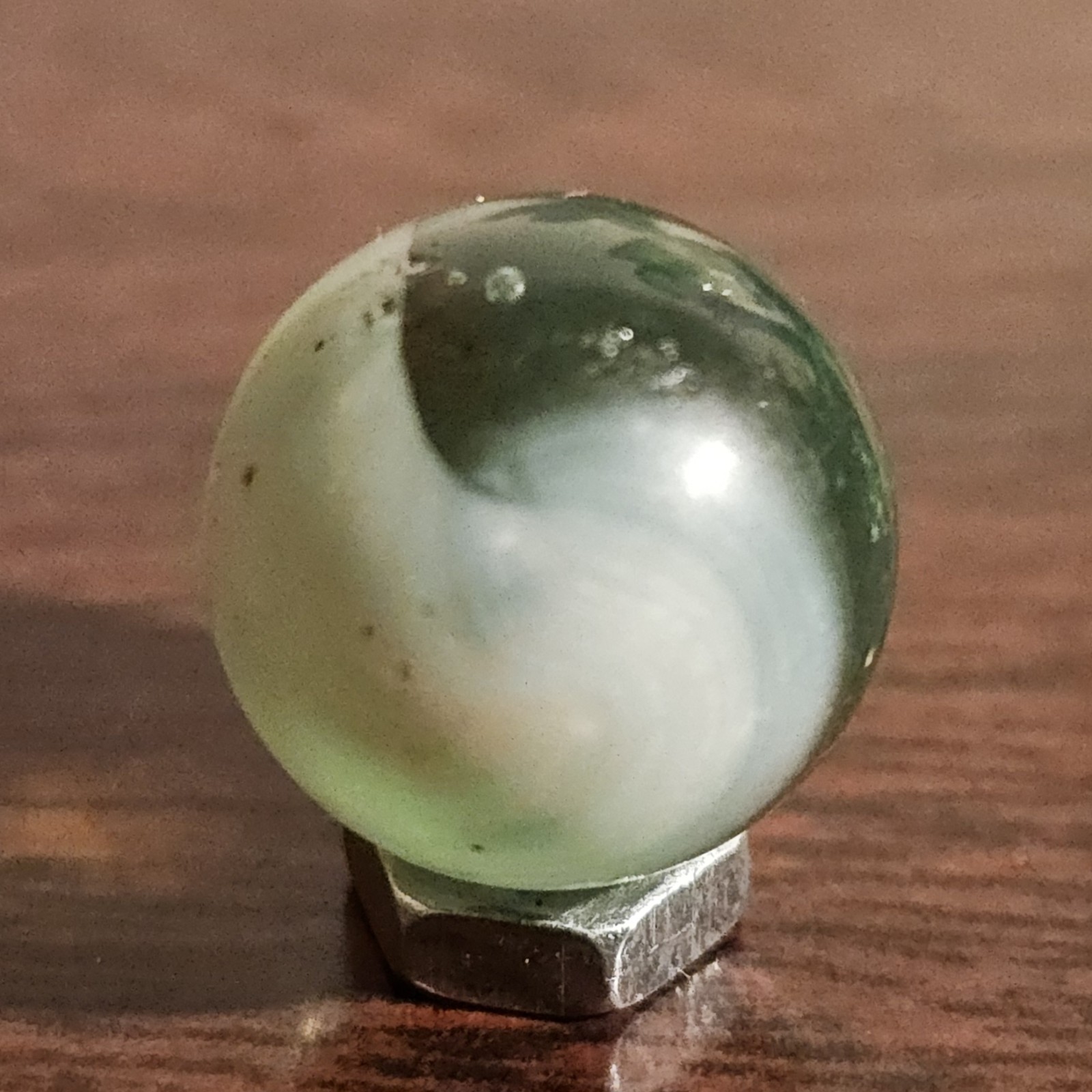 Vintage Master Glass Opaque White Swirl and Green Glass .593 Marble
