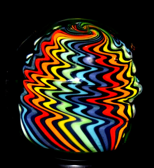 JOSHUA JUSTICE GLASS MARBLE/1.728″-DARK RAINBOW UV-NEON GREEN UNDER BLACKLIGHT