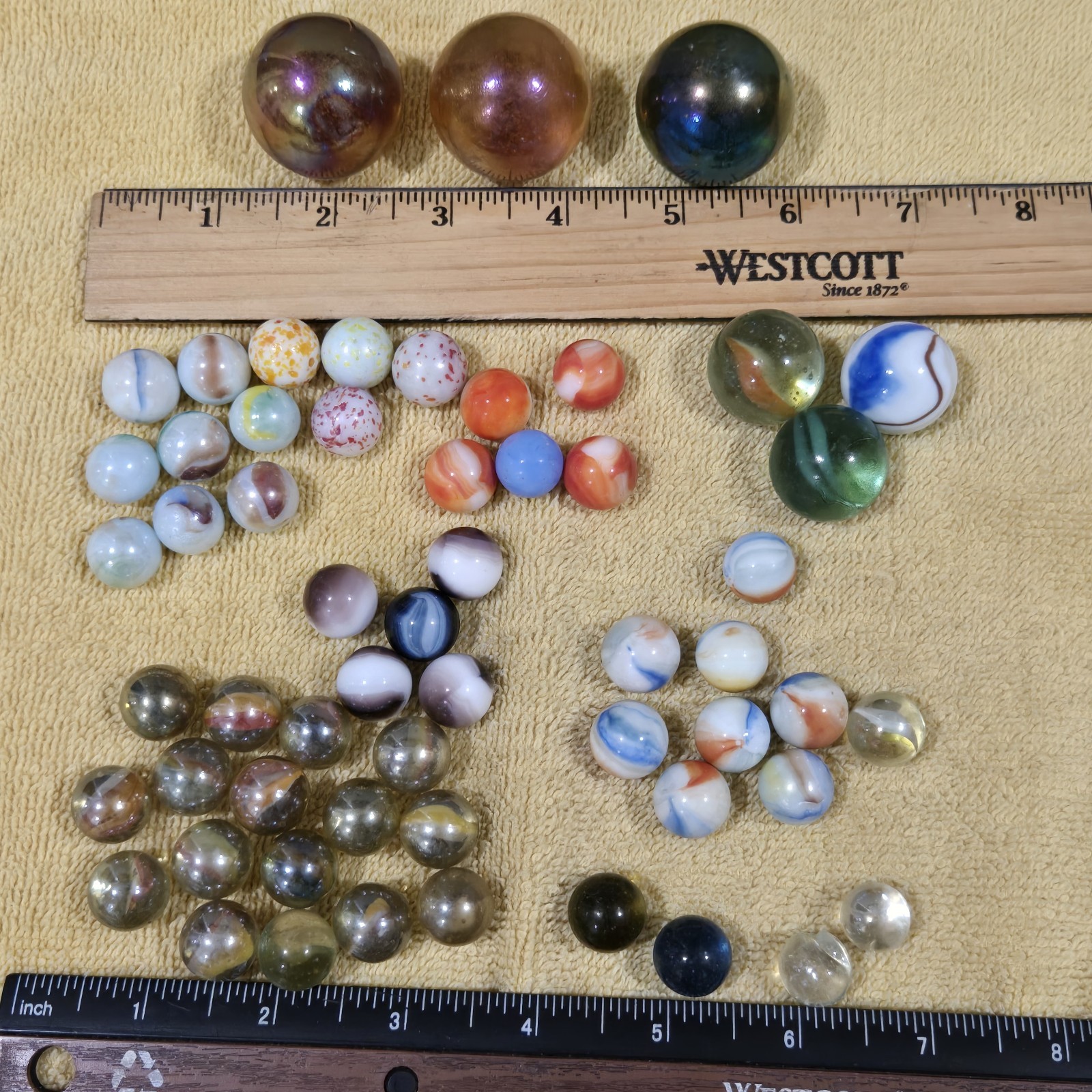 56 Vintage Marbles: 3 Reg. Boulders; 3XL Boulders; 50 Common-size Marbles. L00K!