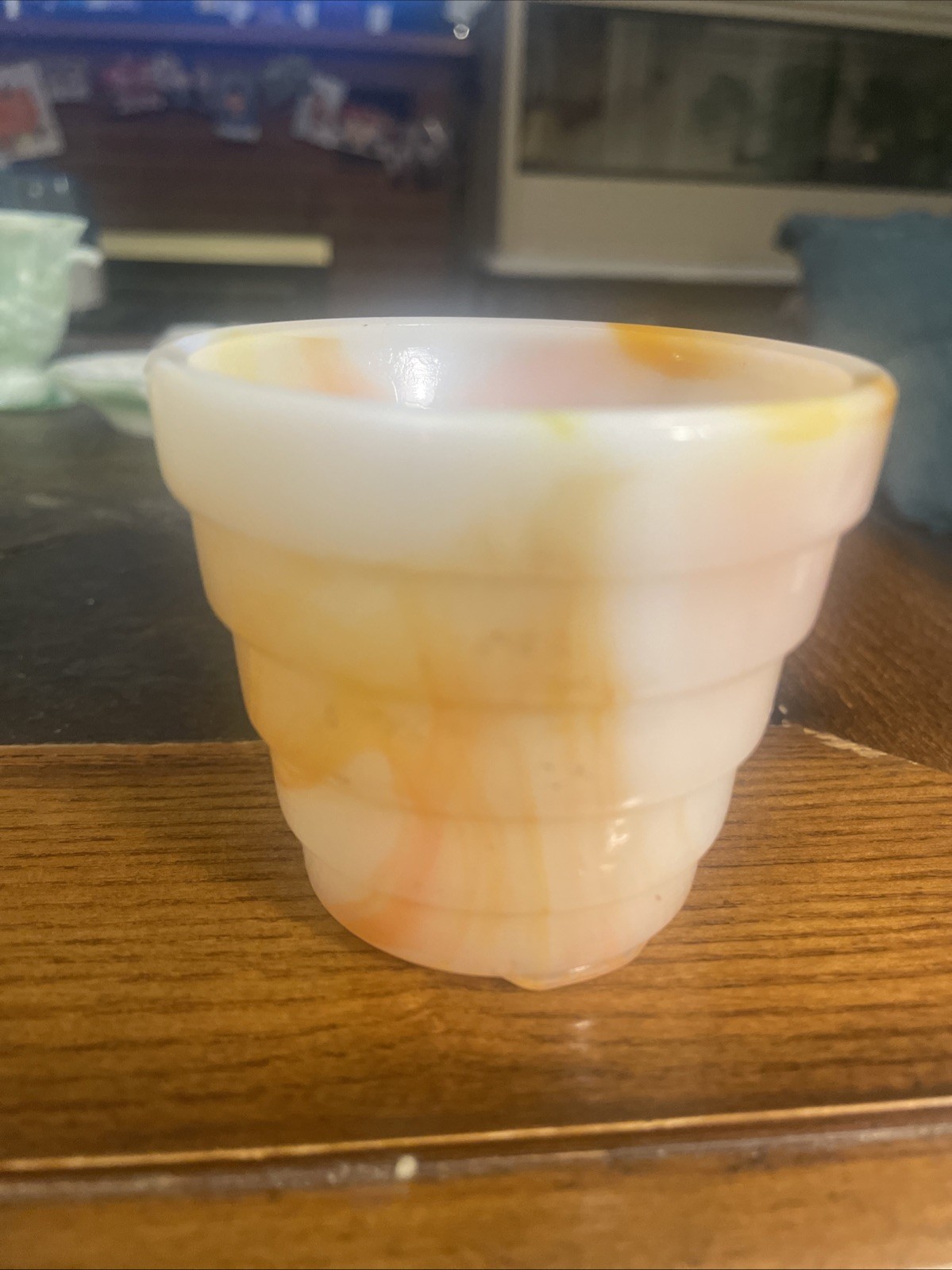 Vintage 1940’s Akro Agate Stacked Flower Pot Vase Orange White Marbled Color