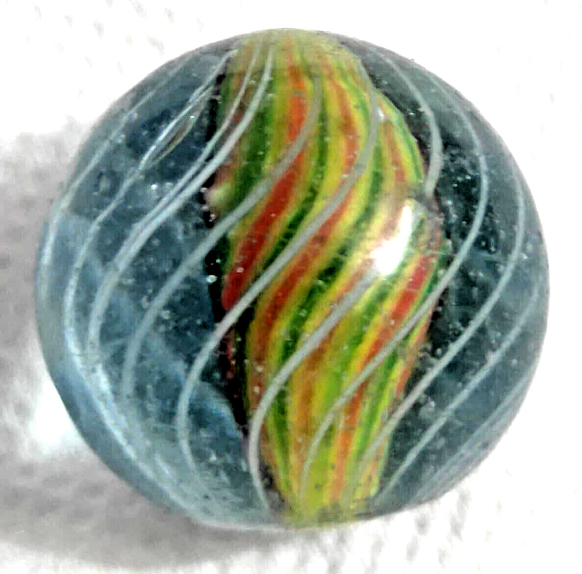 OLD 2 TOY MARBLES multi colored solid core caged 1 tri level ,2 blue base glass