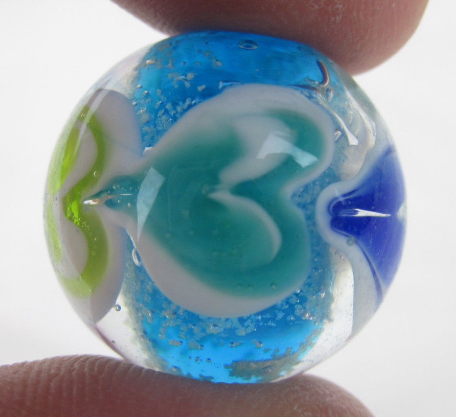 22mm WAVE BREAKER Blue Hearts GLOW IN THE DARK Handmade art glass Marble 7/8″