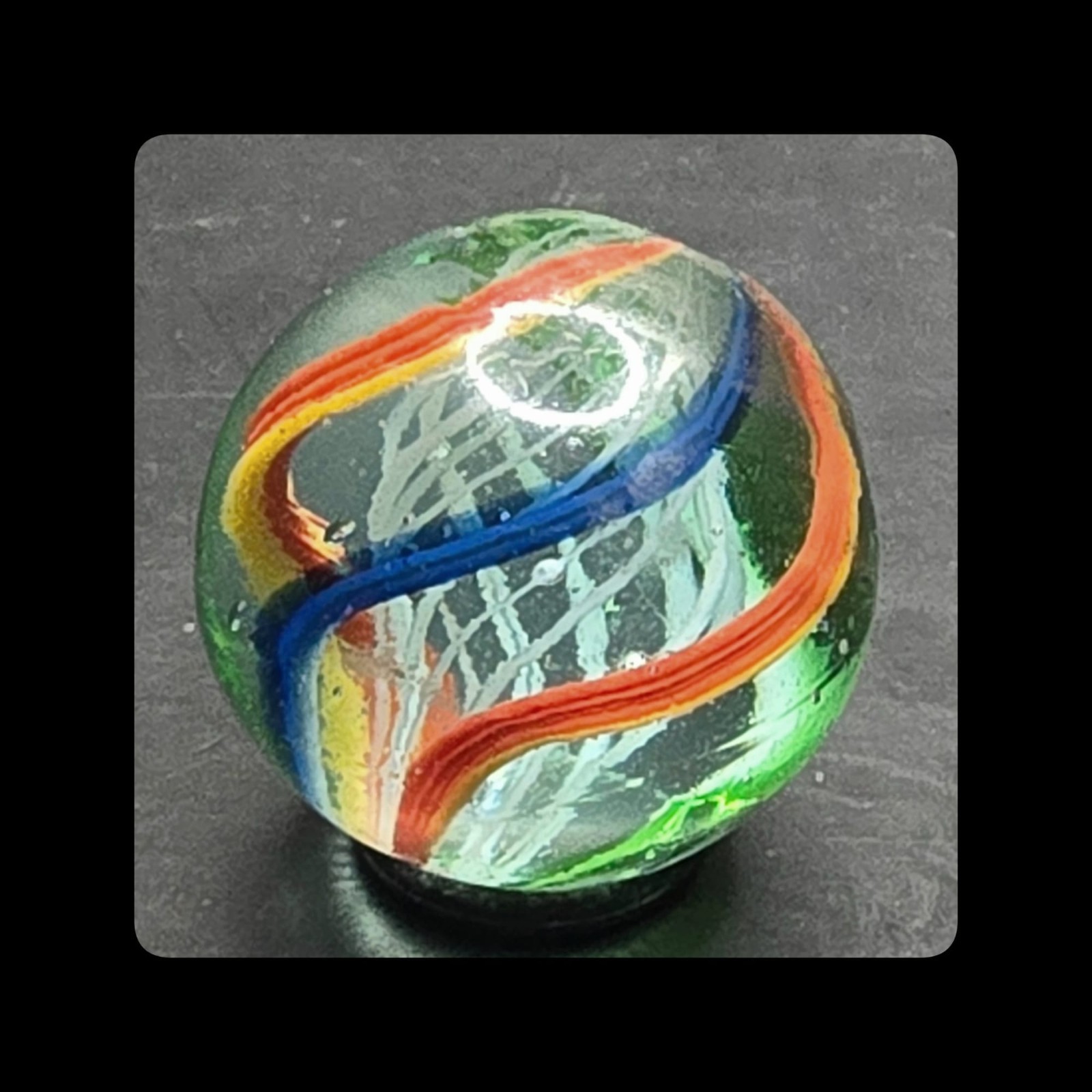 ~Mic’sMibs~1.01″ White Latticino Core Swirl Shooter light blue glass M 9.4