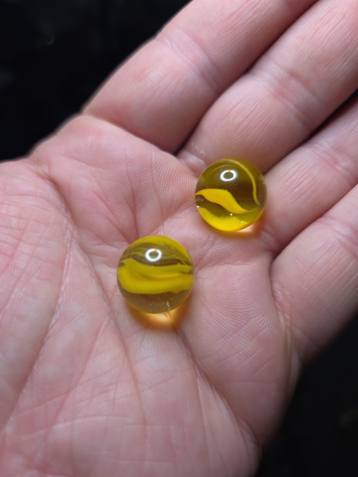 Vitro .6″ Agate Glass Yellow Cats Eye Marbles Lot Of 2 Antique Cadmium Glow