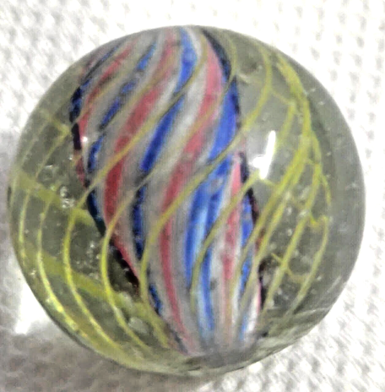 OLD 2 TOY MARBLES multi colored solid core caged 1 tri level ,2 blue base glass