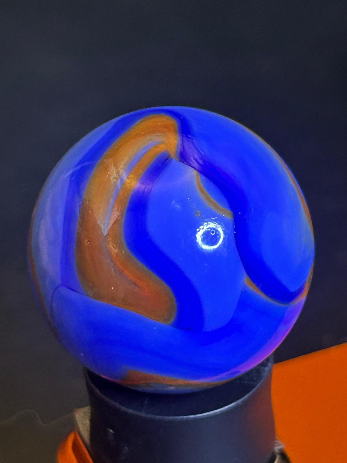 Christensen Agate Co Flame Swirl Marble Cobalt Blue & Orange UV+ .99″ Mint SH31