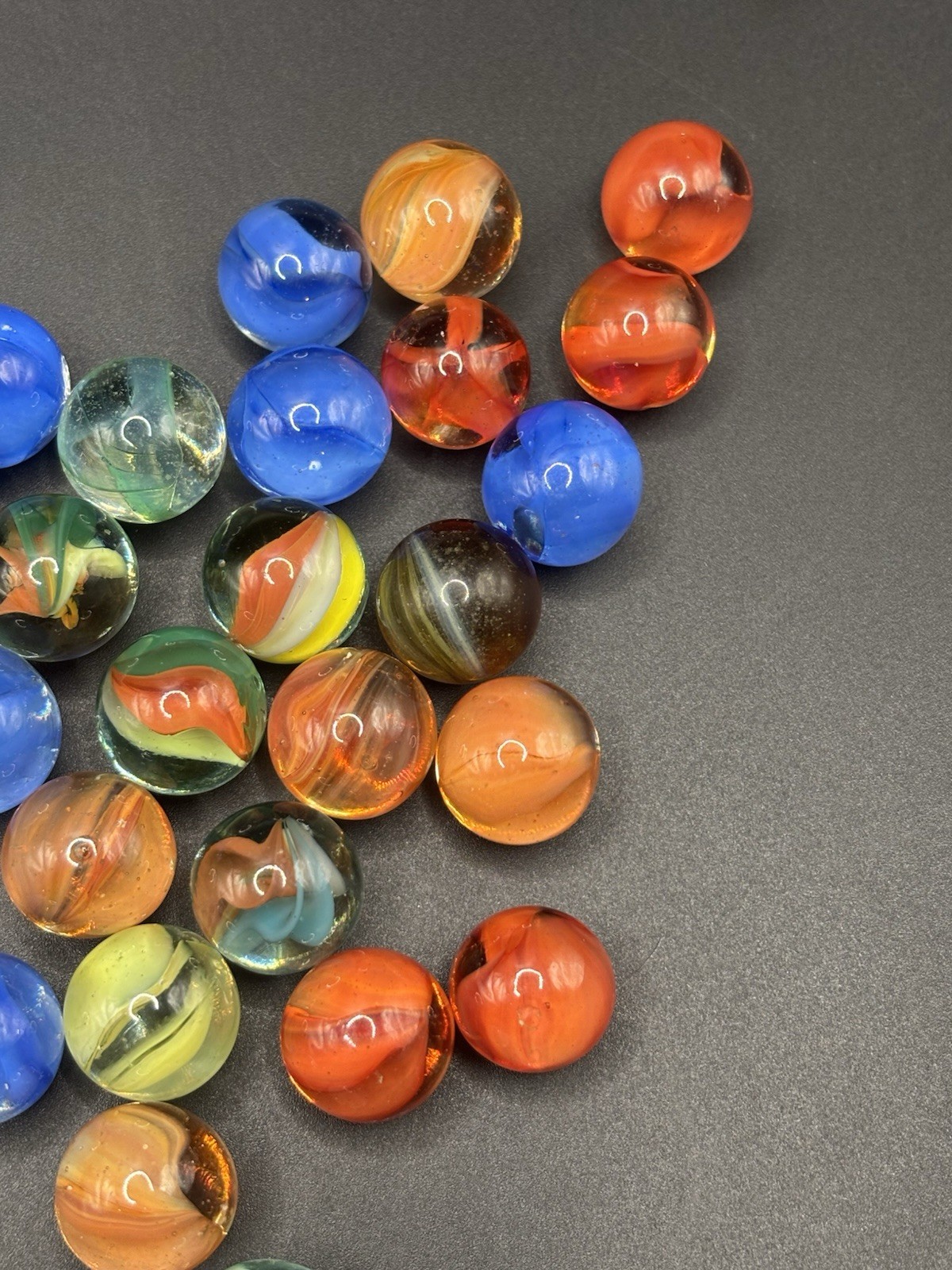 Lot of 25 Vintage Cat Eye Glass Marbles Mixed Colors Blue Orange Green Yellow