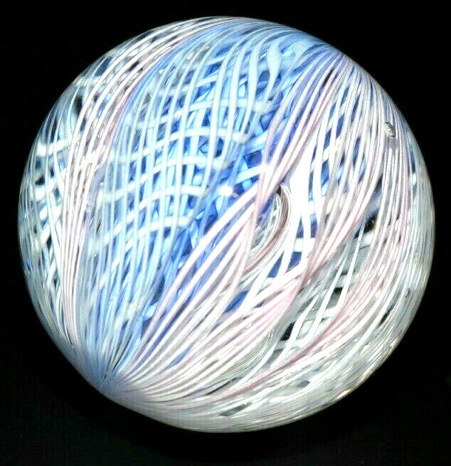 JEFF MENTUCK GLASS MARBLE/1.703″-12 CANE FILIGRANA PEPPERMINT-PINK,BABY-BLUE,WHT