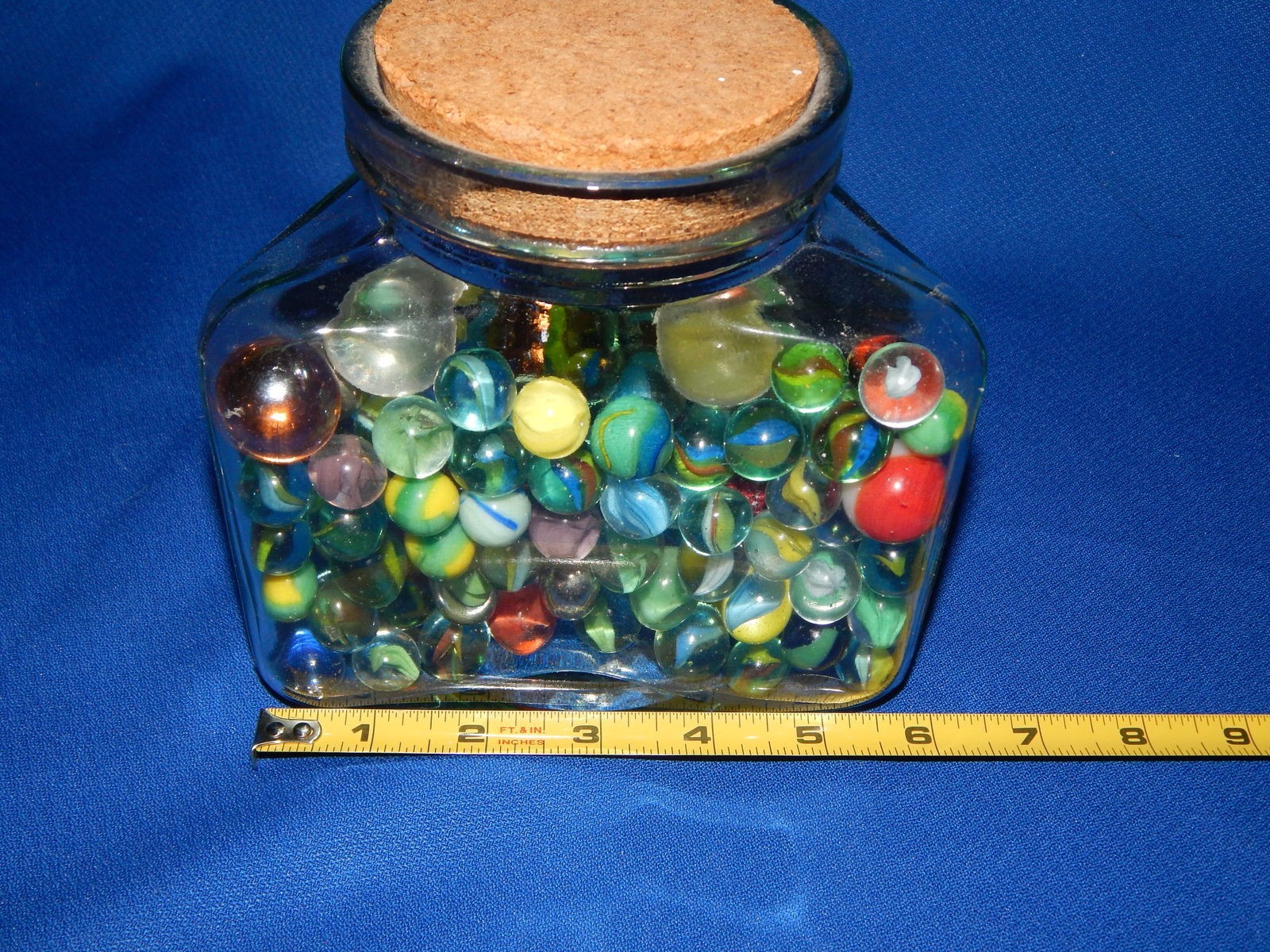 Vintage Triangular Glass Jar of Vintage Marbles w/ Shooters Cat Eyes MORE 4 lbs