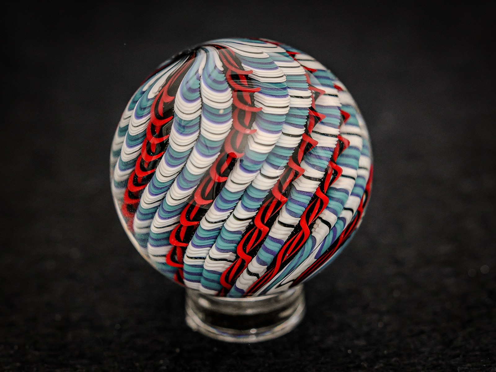 Bryan Trillas Glass Marble/Filigree Cane/Red White Blue Black Teal/1.45 inch