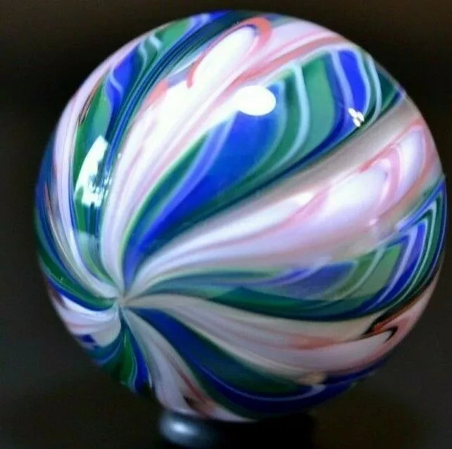 FRITZ LAUENSTEIN GLASS MARBLE/1.623″12 CANE SPECIAL CROWN MARBLE-ROYAL,LIME,ROSE