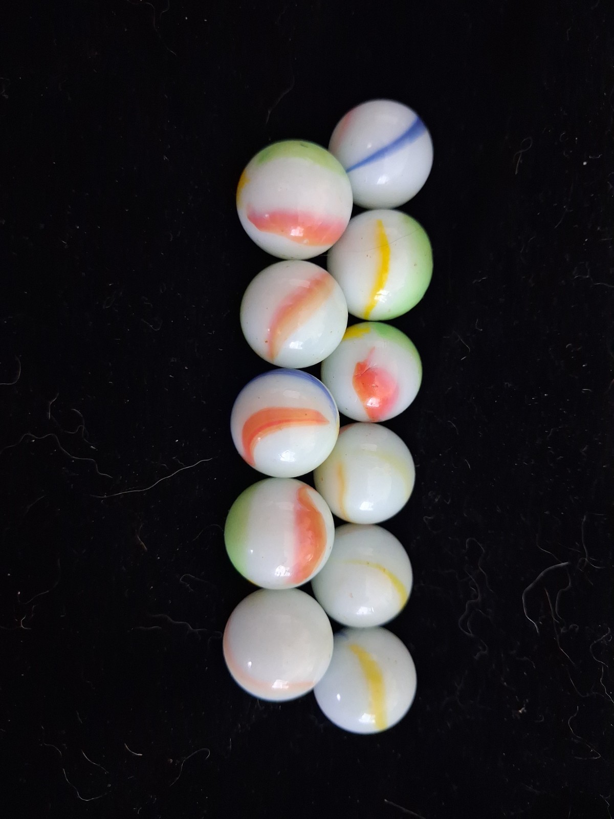 Vintage Lot of 11 White Milk Glass Multi-Color Swirl Marbles