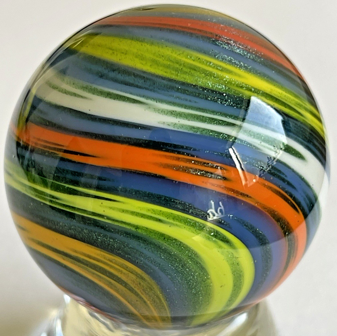 2015 RICK DAVIS MARBLE SIGNED HANDMADE GLASS 1.50 CRAYOLA CRAYON SWIRL SPARKLE