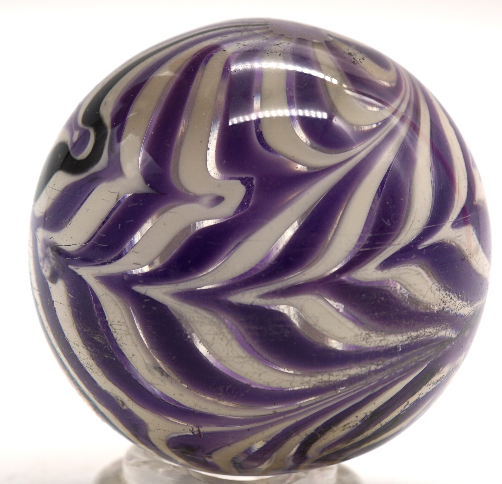 Art Glass Marble Reverse Twisted Spiral Swirl Purple & White One Black Swirl