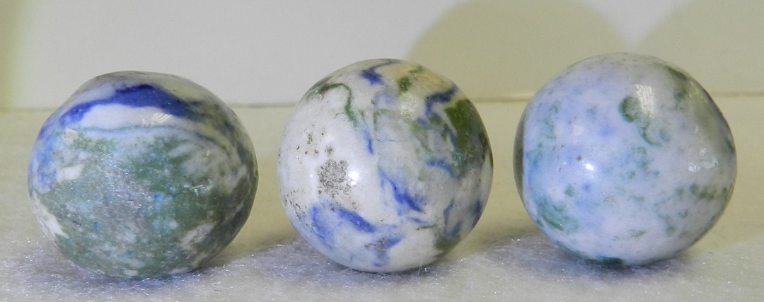 #21029m Vintage Group of 3 German Handmade Crockery Shooter Marbles .82 to .83