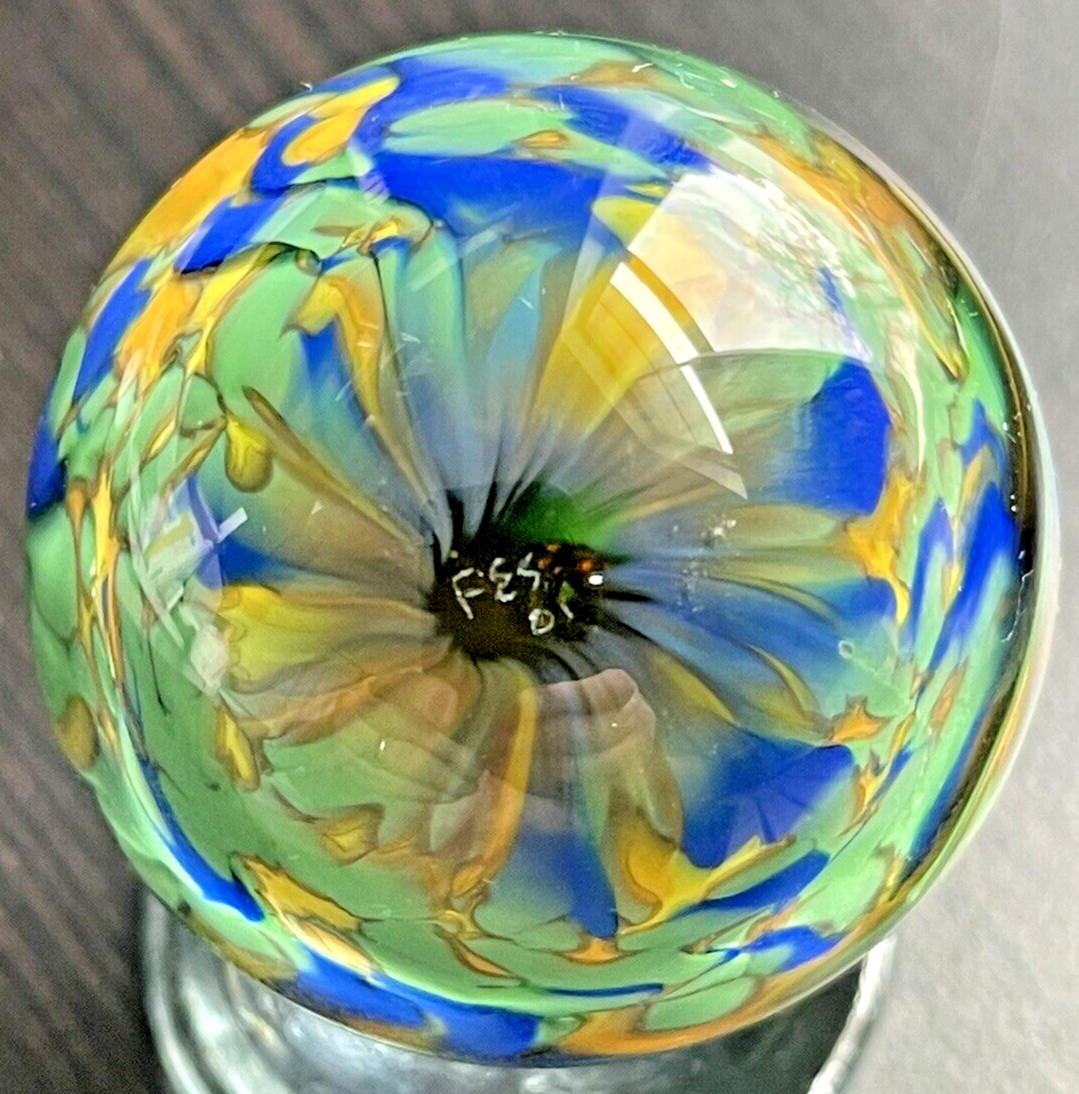 VINTAGE EDDIE SEESE MARBLE ART GLASS HANDMADE MARBLE BLUE YELLOW 1.73″ FES 01