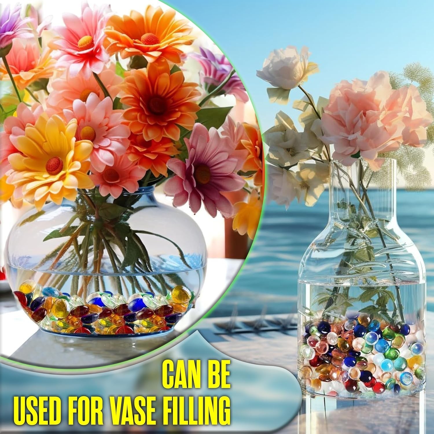 Glass Pebbles Colored Stones, 5LB Flat Marbles – Decorative Glass Gems for Va…