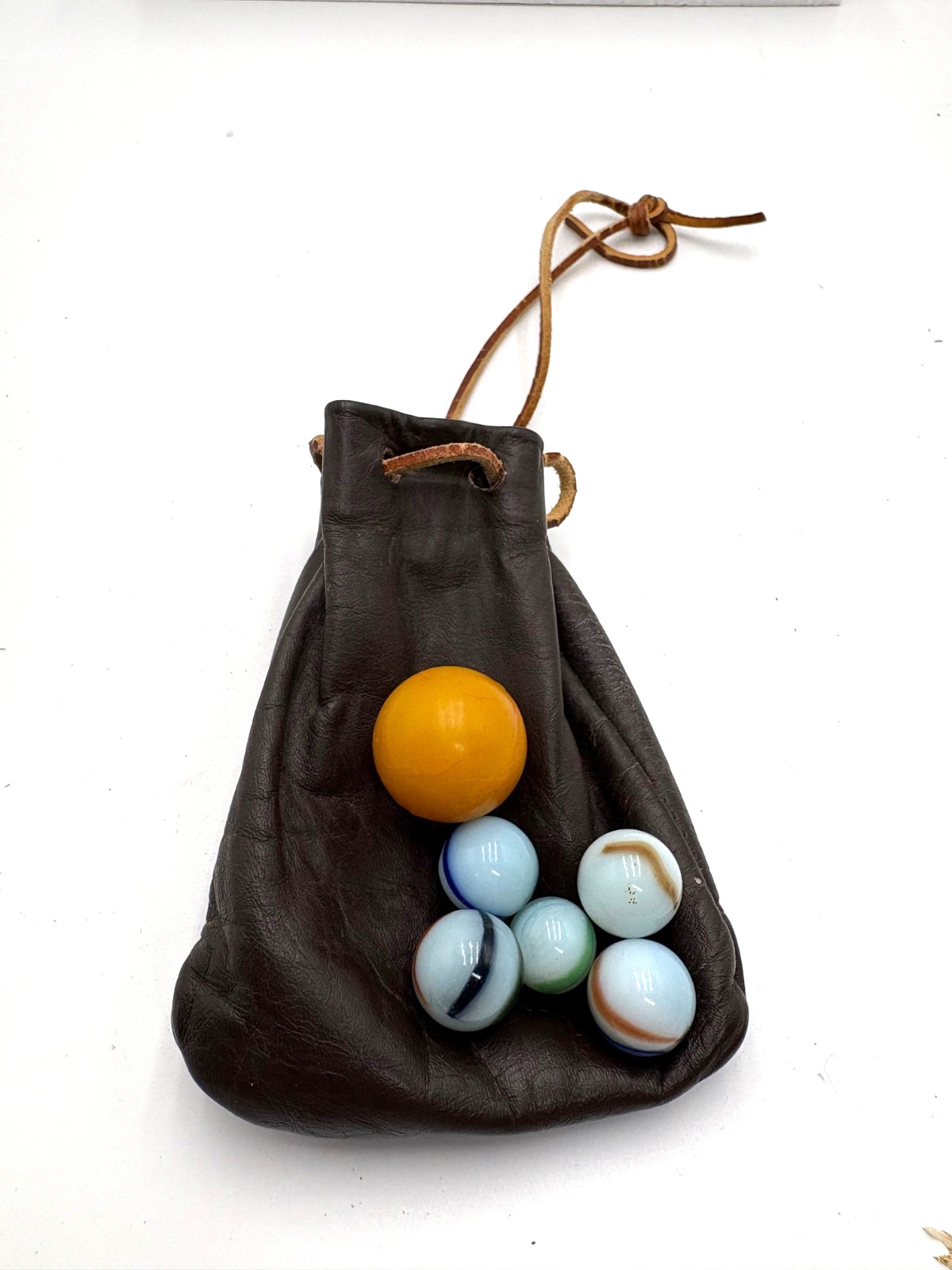 Vintage Leather Drawstring Pouch Filled with Vintage Glass Marbles