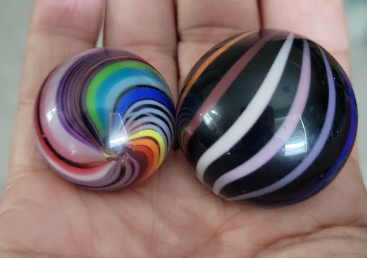 2 Contemporary Handmade Colorful Ribbon Marbles w/Stands Possibly Jody Fine
