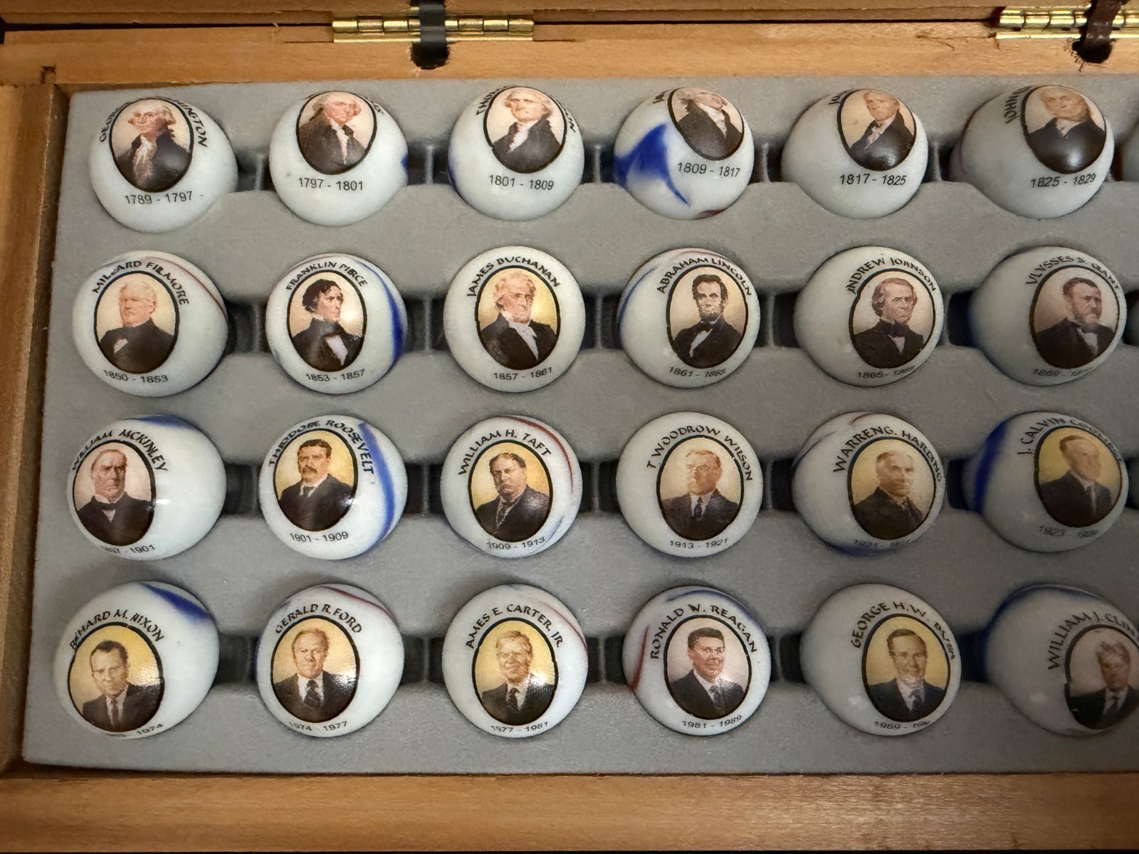 Mr. President Glass Marbles Set – 43 pcs w Busts & Dates & Wood Display Case