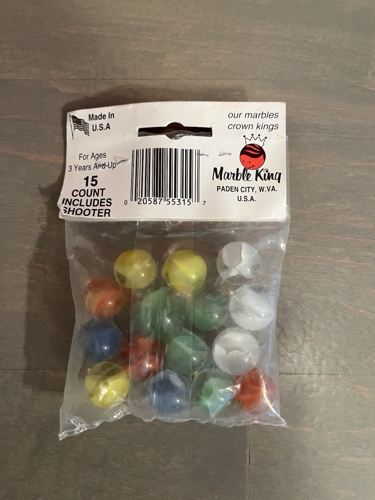Marble King American-made glass marbles, 15 ct w/shooter, made in Paden City, WV