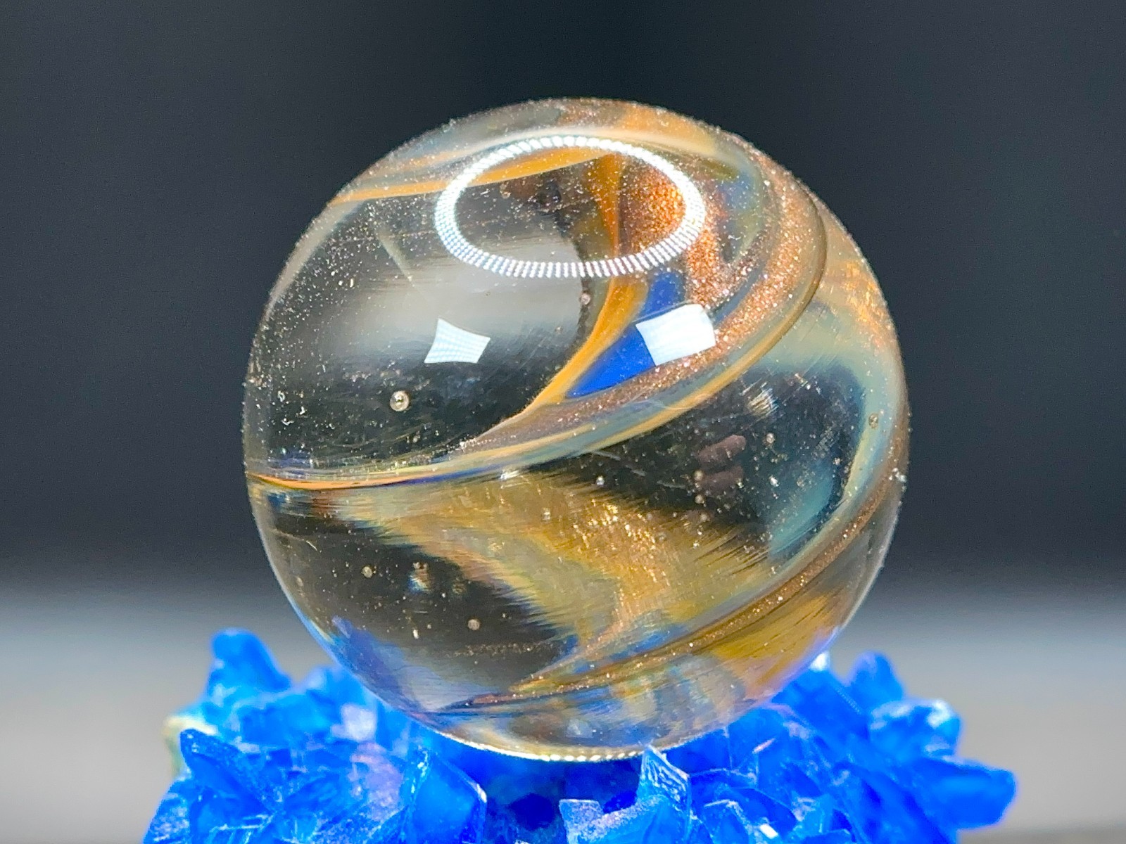 Big Contemporary Handmade Glass Marble – Gold Lutz Mist Ribbon Core – 1.19″ Nice