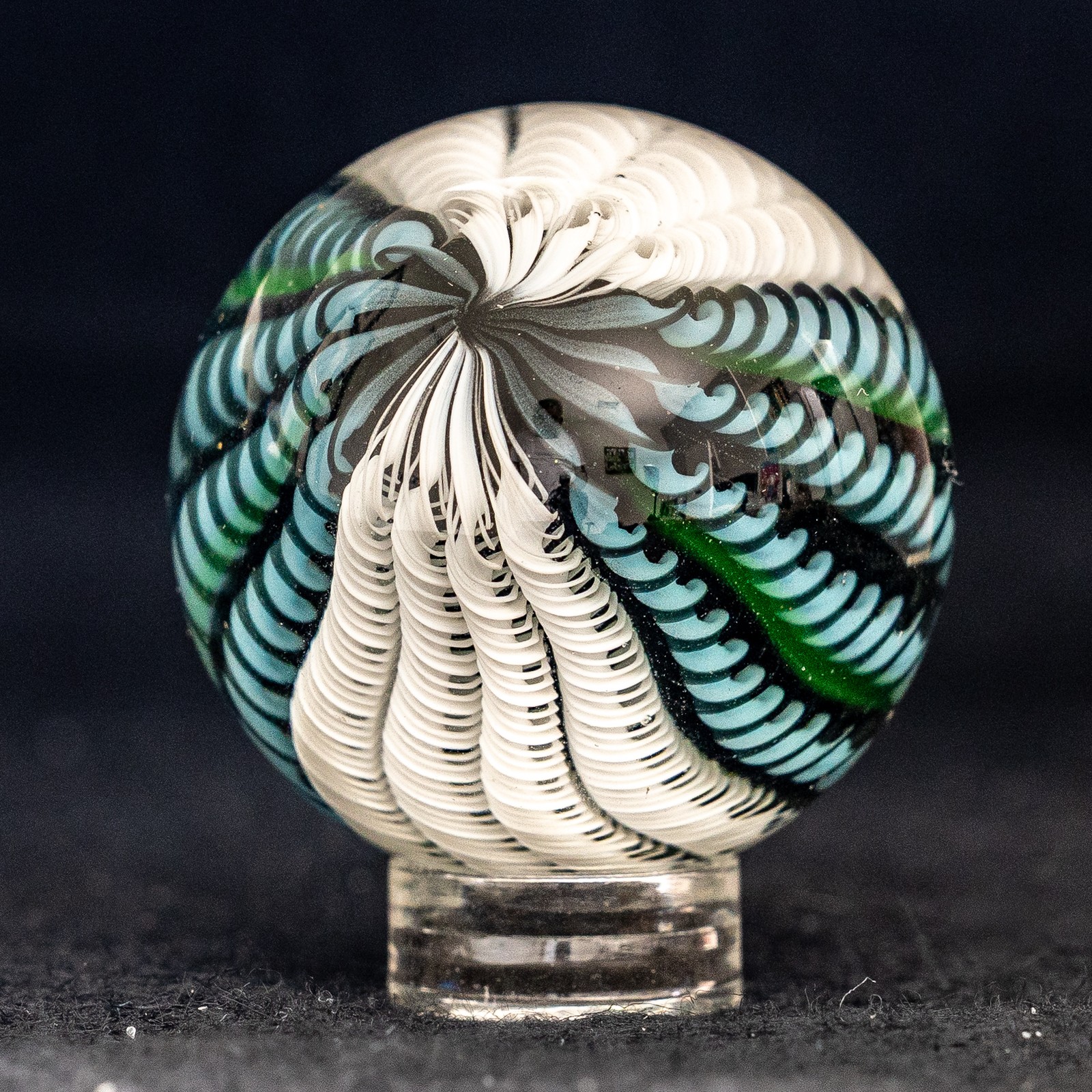 Bryan Trillas Glass Marble/Filigree Cane/UV Reactive/Blue Green White Black/1.46