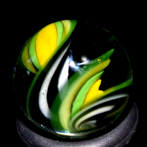 BRYAN TRILLAS GLASS MARBLE/.597″-GREEN ZEBRA BLACKLIGHT-OLIVE,YELLOW, LIME, BLK+