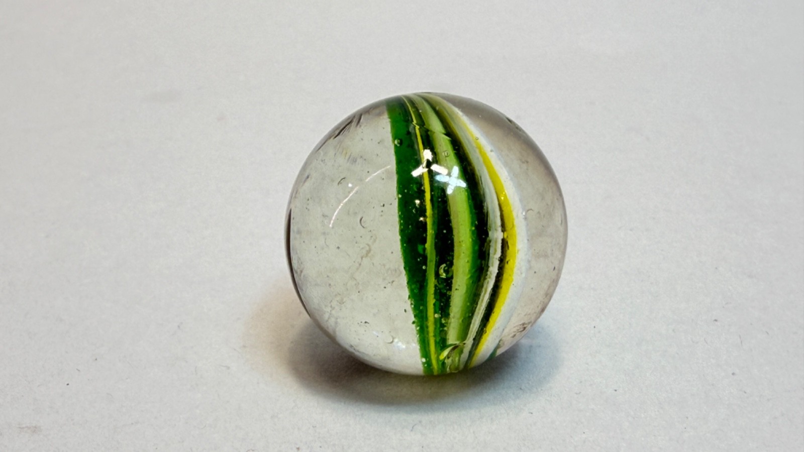 German Blown Glass Marble Naked Razor Single Divided Ribbon Green White 1.1”