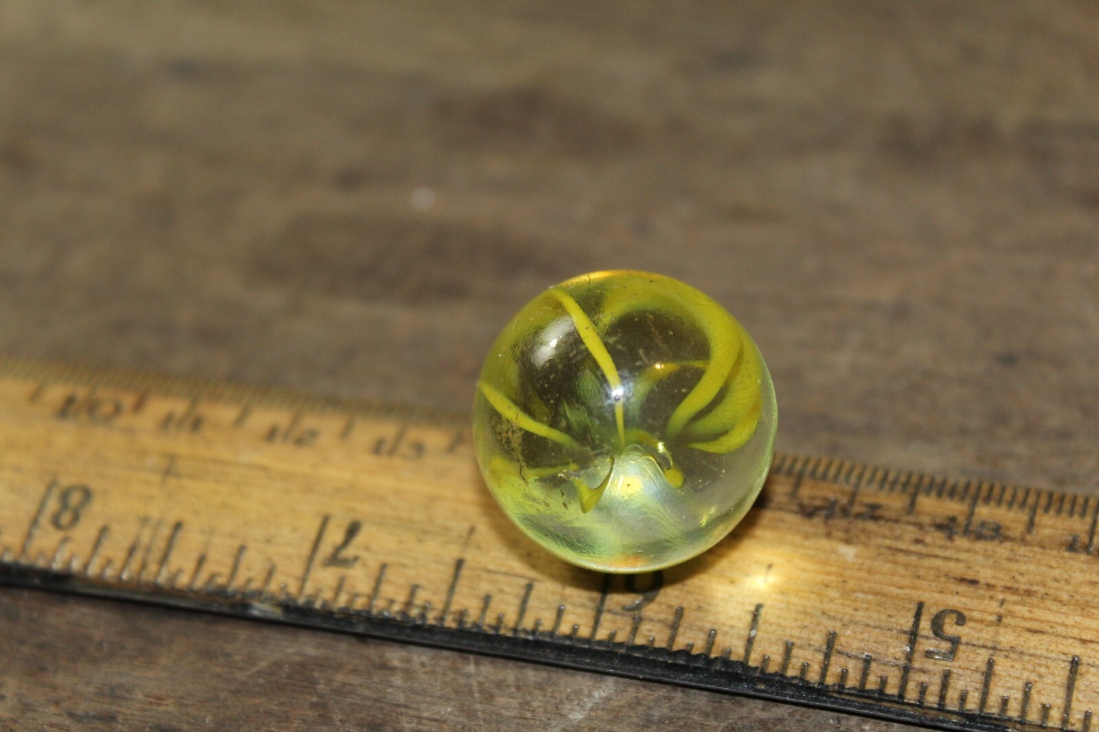 Antique Machine Made Shooter Marble Clear Caged Yellow Strands