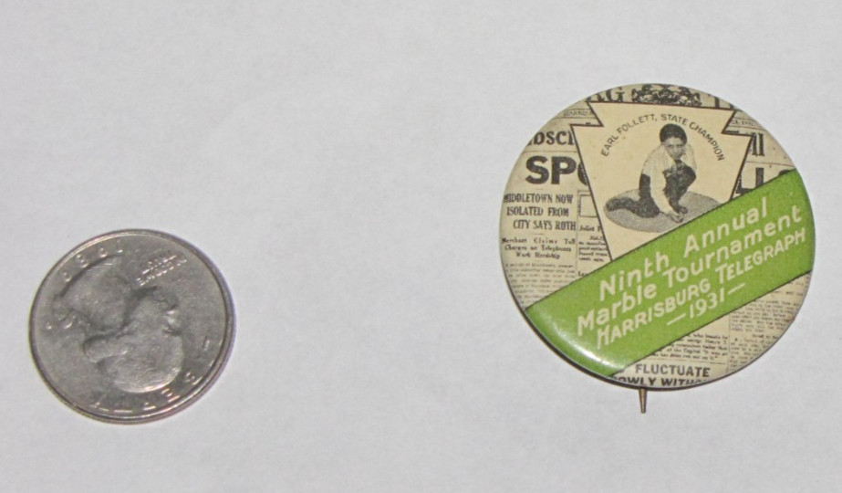 1931 Ninth Annual Marble Tournament Pinback Button, Harrisburg Telegraph