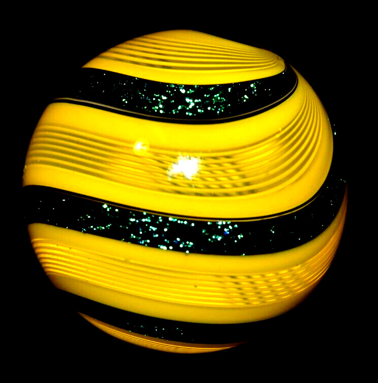 HOT HOUSE GLASS MARBLE/1.712″-SUNFLOWER W/TURQUOISE BANDED FINE LINER #319-FAST