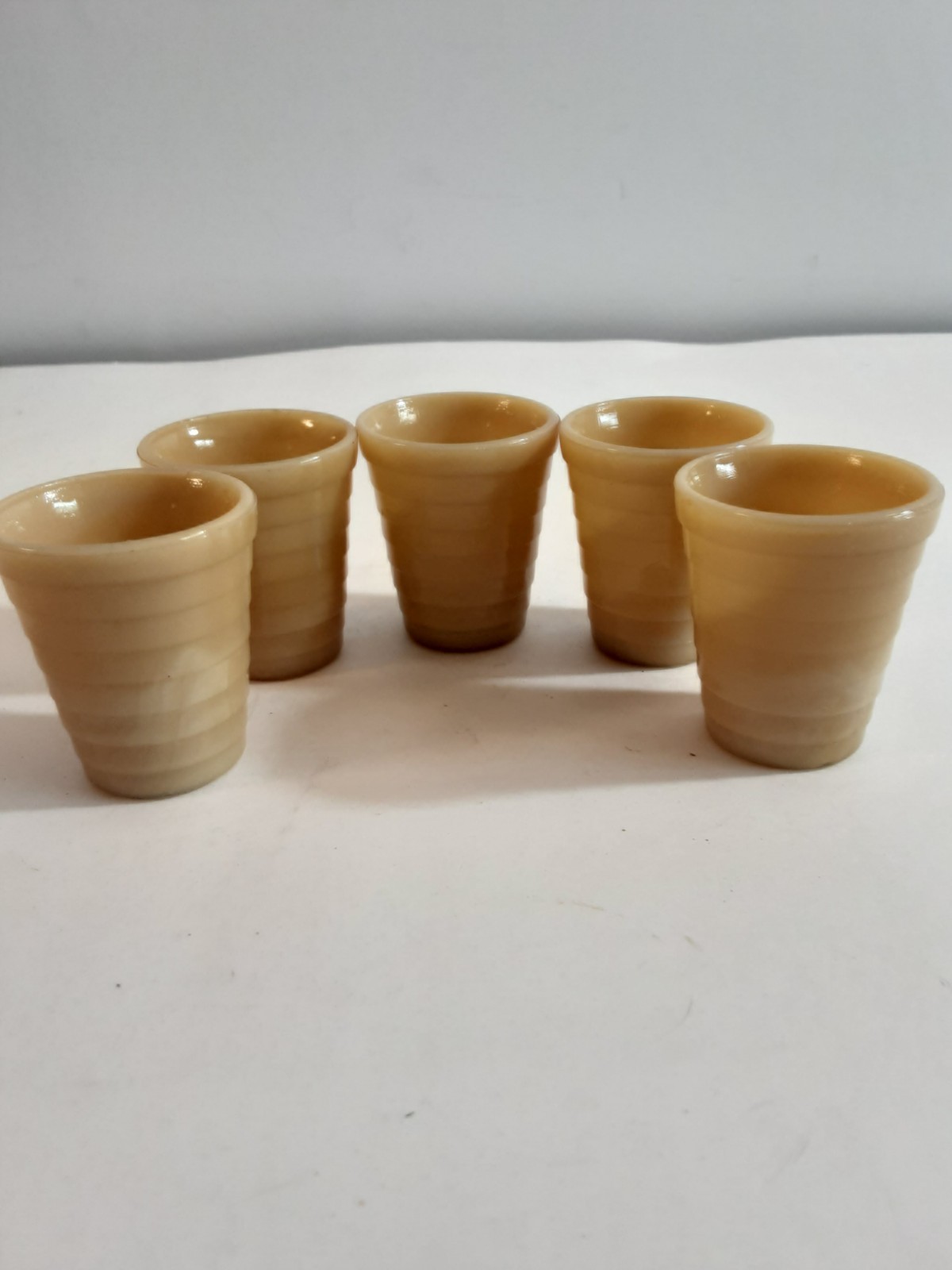 Vtg 1930’s-40’s Akro Agate Yellow Slag Glasses Marbleized Toy Cups 2″ Set Of 5