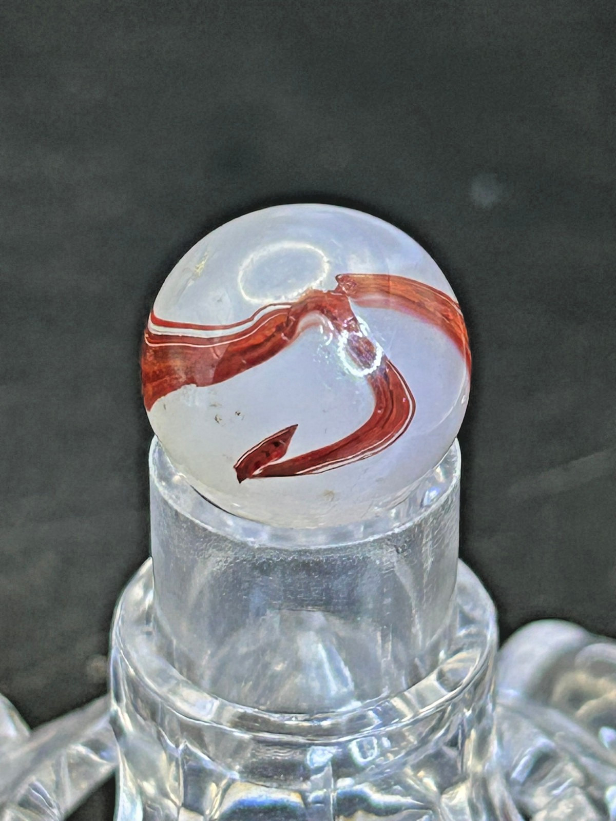 Vintage Akro Agate Silver Oxblood Red/White Swirl Marble, .61″, Near Mint, #OB12