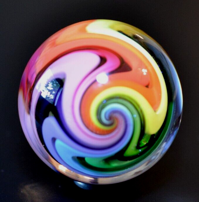 EDDIE SEESE GLASS MARBLE/1.998″-RAINBOW DRT w/FILIGRANA CANE-MAGENTA,LIME,VIOLET