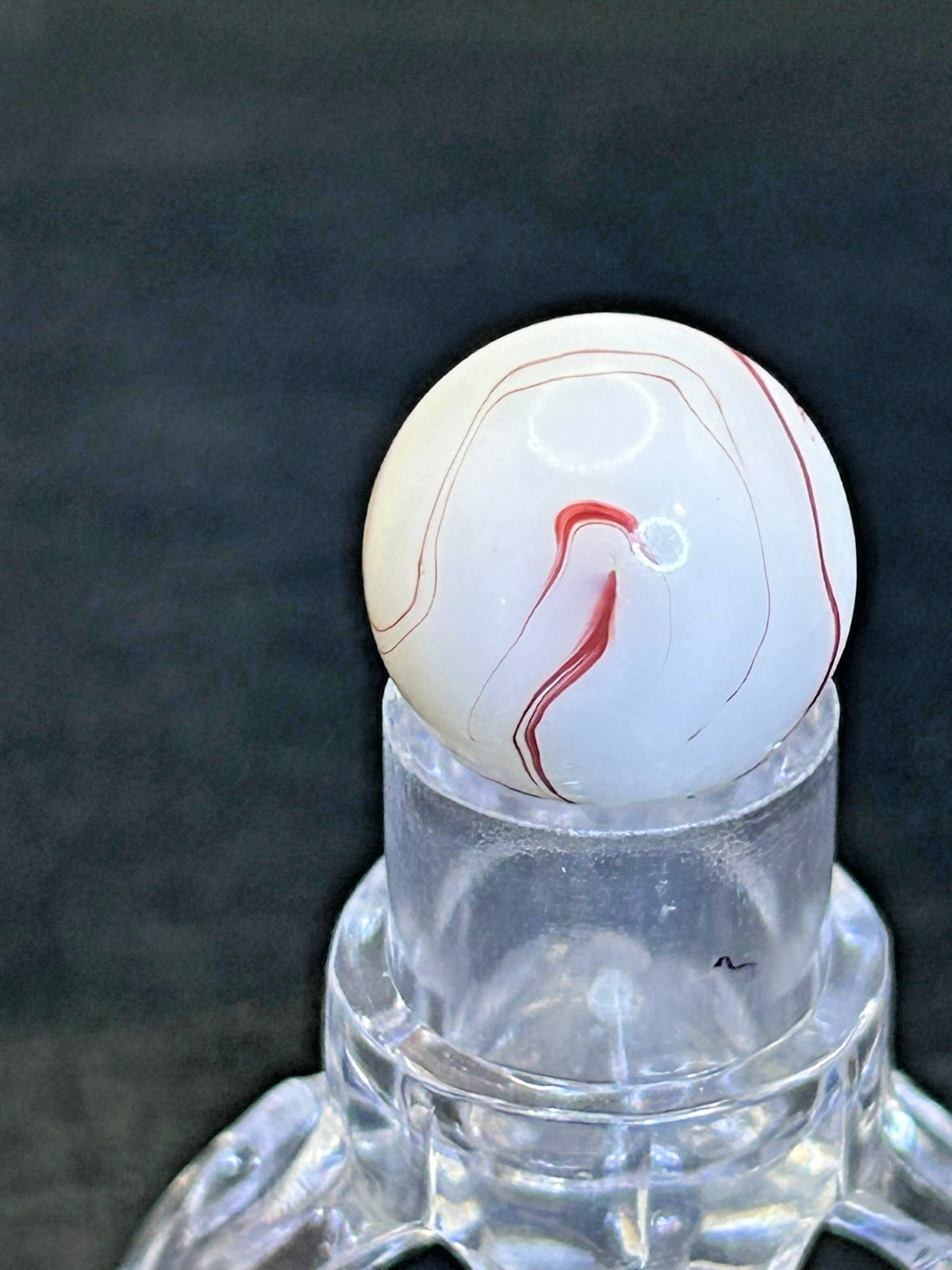 Vintage Akro Agate “The Thinker” Oxblood Red/White Swirl Marble .64″ Mint, #OB5