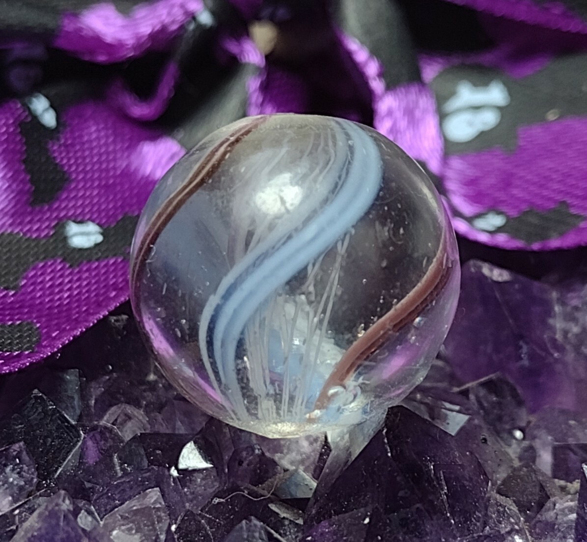 CHARMING PURPLE 💎 White LATTICINIO Net SWIRL Play GERMAN Glass Marbles .67″