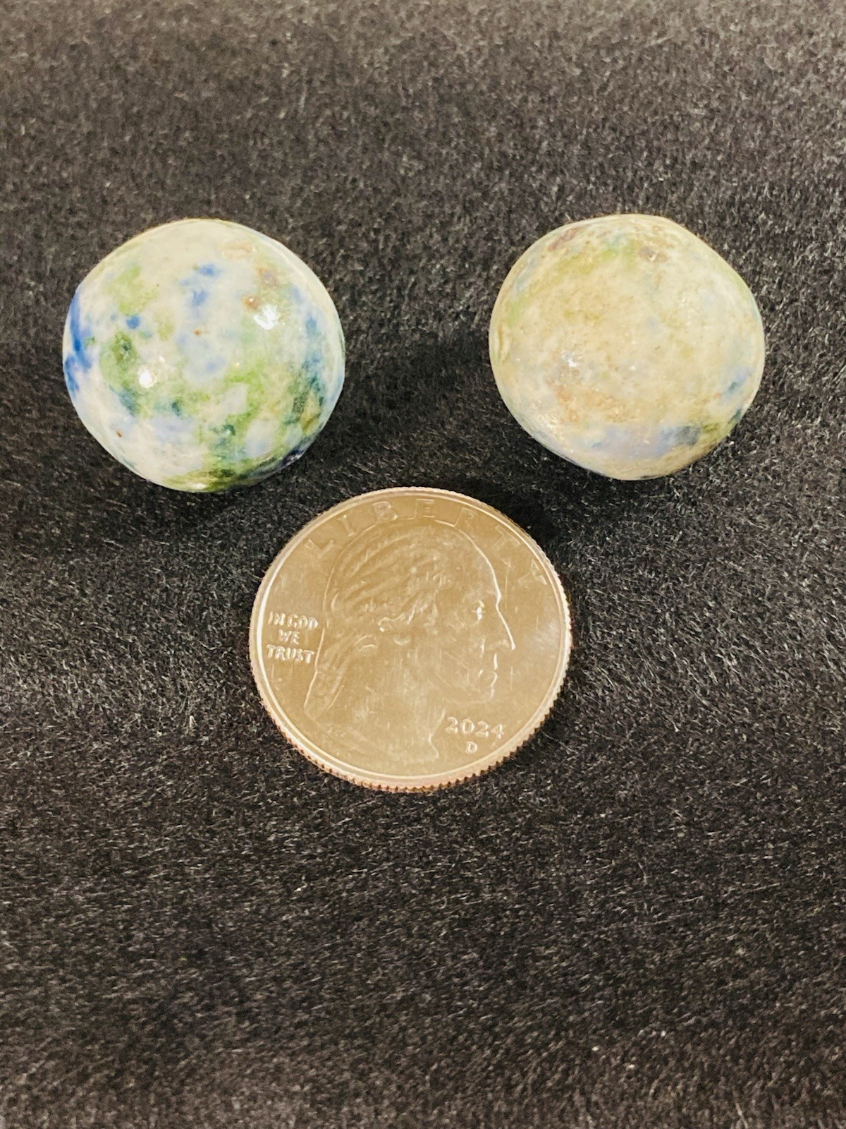 2 ANTIQUE VINTAGE BENNINGTON MARBLES FANCY MULTICOLORED 1800’s HANDMADE GLAZED
