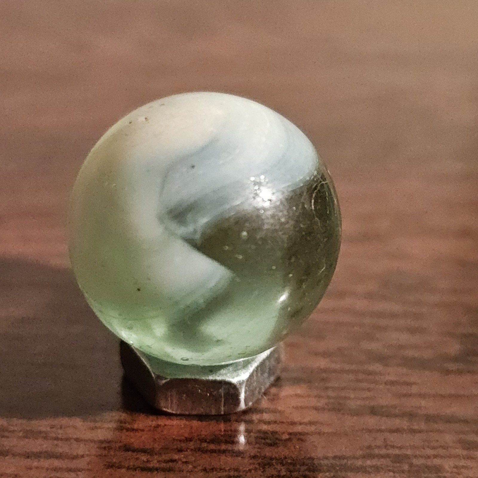 Vintage Master Glass Opaque White Swirl and Green Glass .593 Marble