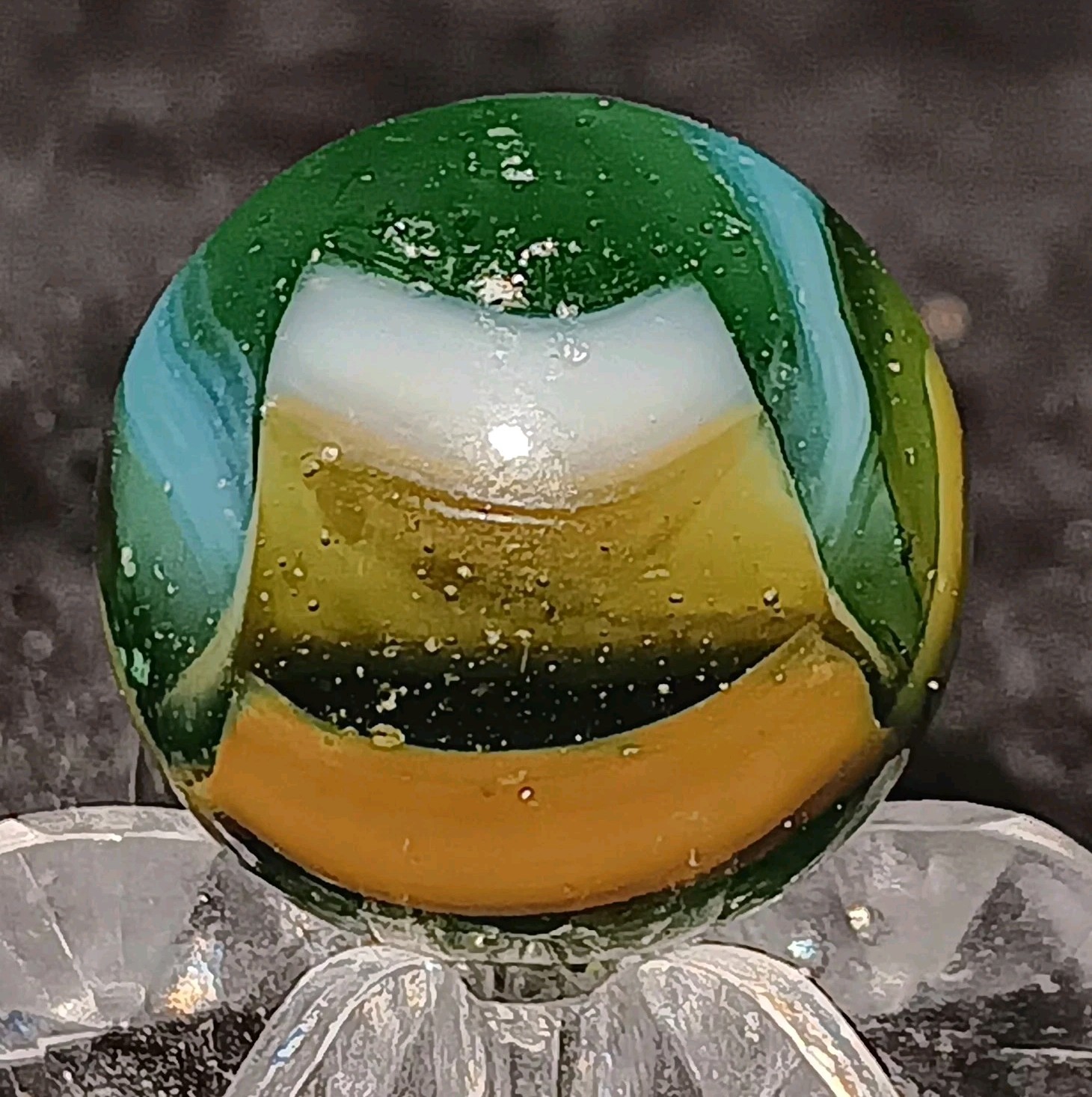 Vintage Peltier Glass NLR Multi-Color Rainbo Marble. .60″ Nm(+). Uv.