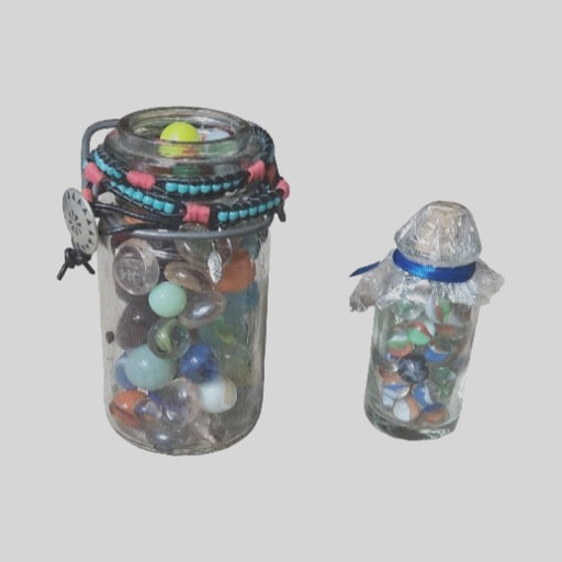 2 Small Glass Jars filled w/123 total Vintage Glass Marbles, Glass Hearts