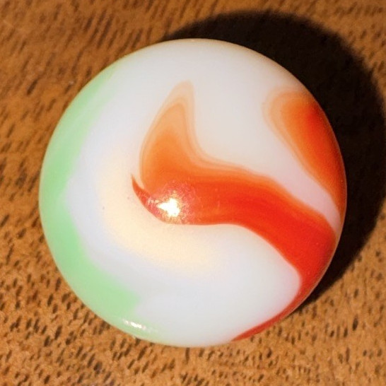 White Glass Toy Marble w/ Red & Green Swirl, Machine Made, Ages 4-11